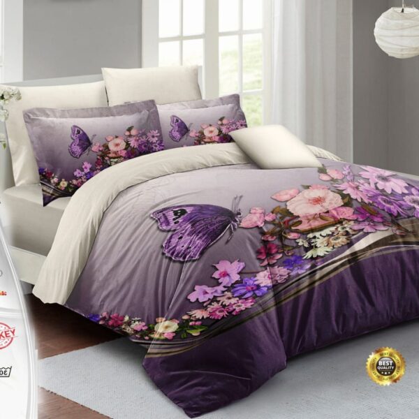 purple and cream cotton sateen bedding on neatly made bed