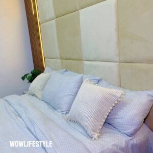 white and grey cotton bedding set on 6ft by 7ft bed